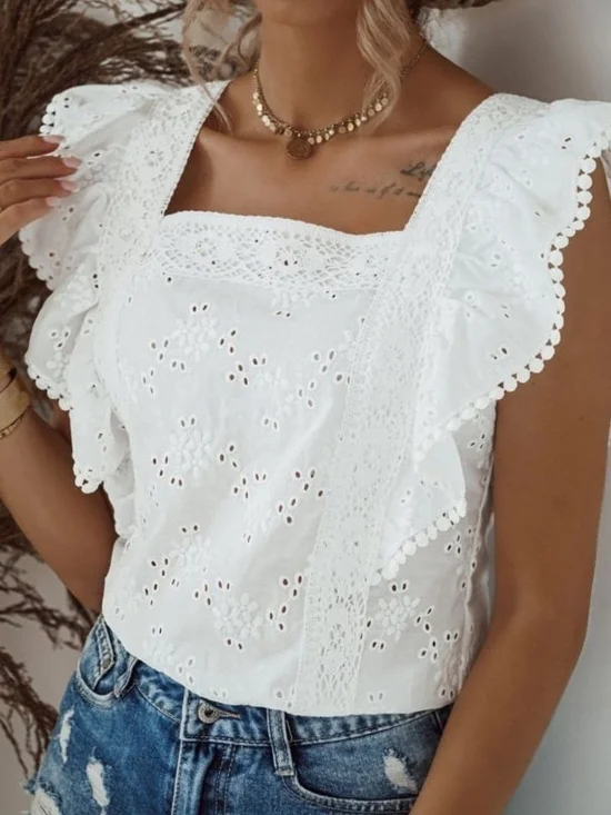 Women's White Eyelet Ruffle Square-Neck Top - Picture 1 of 5